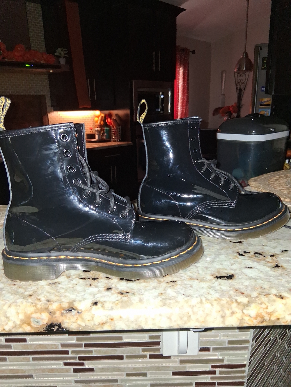 Dr. Martens Black Patent 1460 W Lace-Up Boots with Yellow Stitching